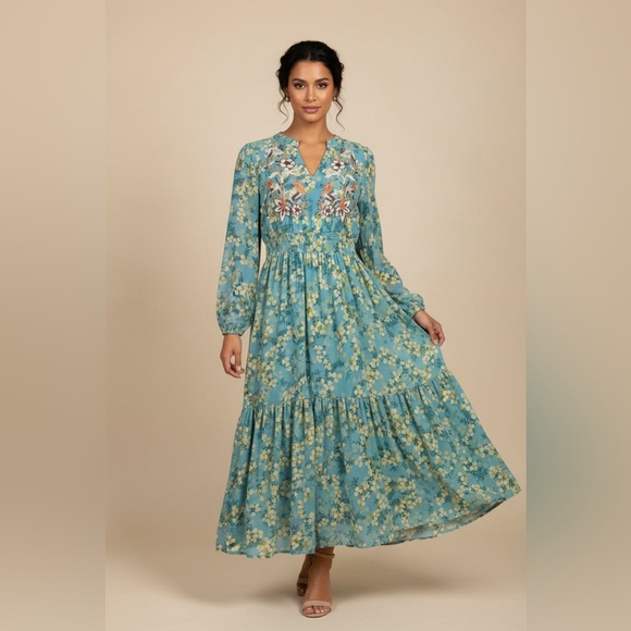 See And Be Seen Dresses & Skirts - Teal Floral V-Neck Maxi Dress with Embroidered Bodice